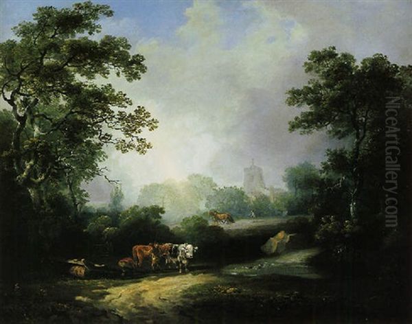Plough Team In A Wooded Clearing, A Village Church Beyond Oil Painting by George Arnald