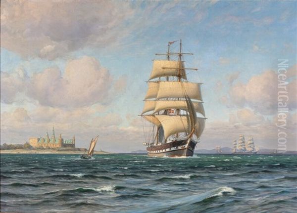 Seascape With A Danish Barque In The Sound Off The Coast Of Kronborg Castle Oil Painting by Vilhelm Karl Ferdinand Arnesen