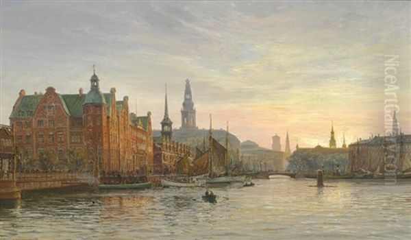 View From Borsgraven Towards Borsen, Christiansborg And The Towers Oil Painting by Vilhelm Karl Ferdinand Arnesen