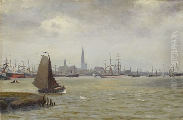 Fartyg Pa Maasfloden Oil Painting by Vilhelm Karl Ferdinand Arnesen