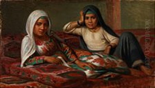 A Harem Scene With Two Girls Posing Oil Painting by Vilhelm Karl Ferdinand Arnesen