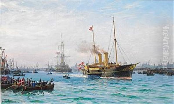 Prince Carl And Princess Maud Of Denmark Leaving Copenhagen Heading For Oslo On Board The Danish Royal Yacht Dannebrog As King Haakon Vii And Queen Maud Of Norway Oil Painting by Vilhelm Karl Ferdinand Arnesen