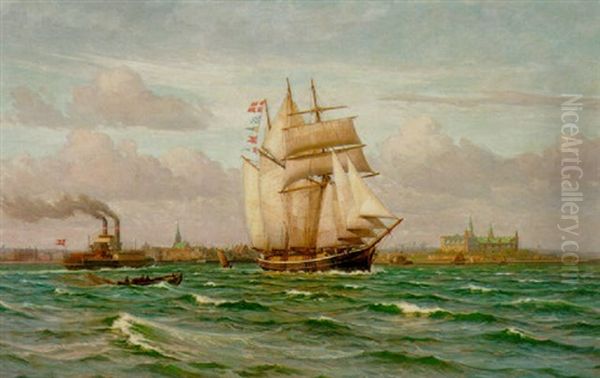 Livlig Rafik I Sundet Mellem Helsingor Og Helsingborg Oil Painting by Vilhelm Karl Ferdinand Arnesen