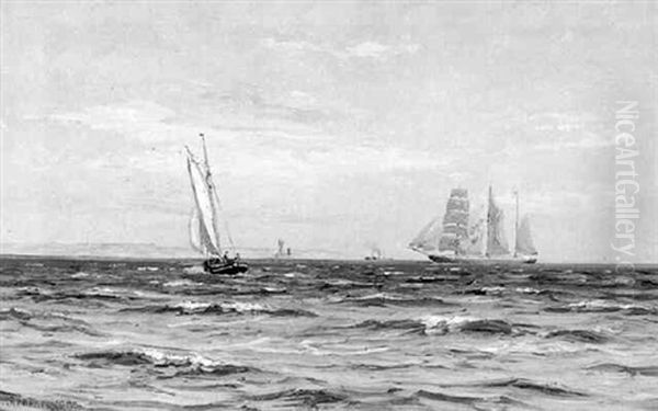 Marine, Skibe Pa Havet, En Solskinsdag Oil Painting by Vilhelm Karl Ferdinand Arnesen