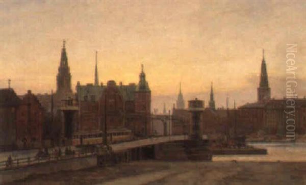 Udsigt Fra Strandgade Med Kong Christian X Der Rider Over Knippelsbro Oil Painting by Vilhelm Karl Ferdinand Arnesen