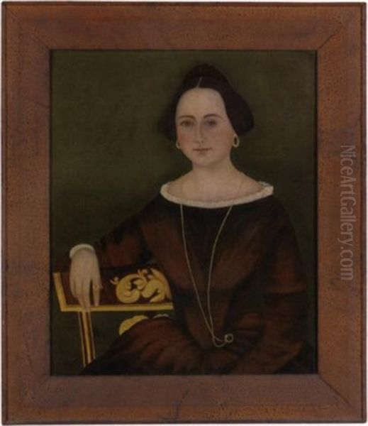 Portrait Of A Dark-haired Young Lady Wearing A Gold Necklace, Seated On A Gilt-decorated Side Chair Oil Painting by John James Trumbull Arnold