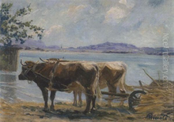 Chiemsee-landschaft Mit Einem Ochsenkarren Im Vordergrund Oil Painting by Karl Arnold