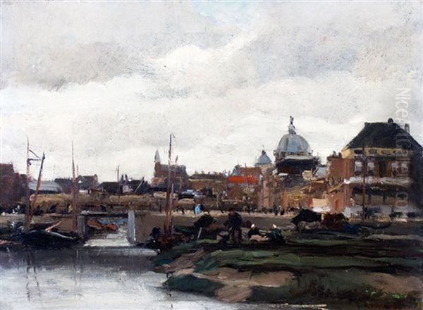 Nettenboetsers Bij Brug Aan De Haringkade Te Scheveningen, Op De Achtergrond Seinpost Oil Painting by Floris Arntzenius