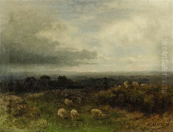 Schafer Mit Seiner Herde Oil Painting by Albert Arnz