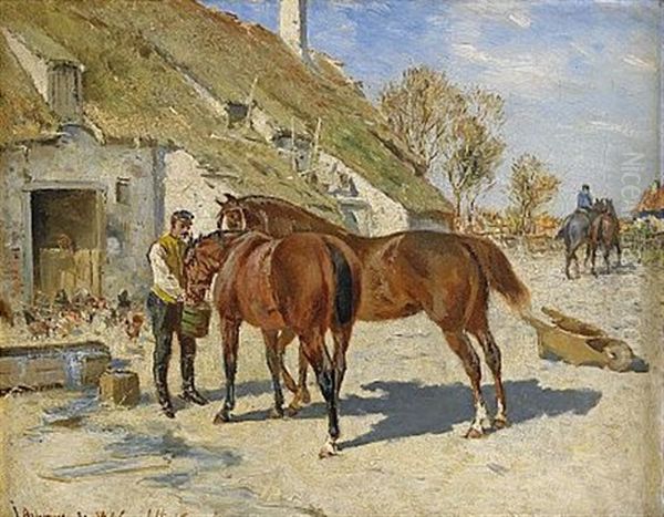 Utfodring - Hastar Vid Stallet (collab. W/wilhelm Von Gegerfelt) Oil Painting by Johan Georg Arsenius