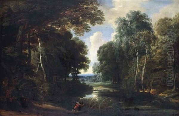 A Wooded River Landscape With A Hunter On A Path Oil Painting by Jacques d' Arthois