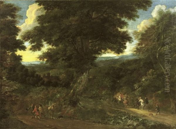A Wooded Landscape With Travellers On Horseback (collab. W/pieter Meulener) Oil Painting by Jacques d' Arthois