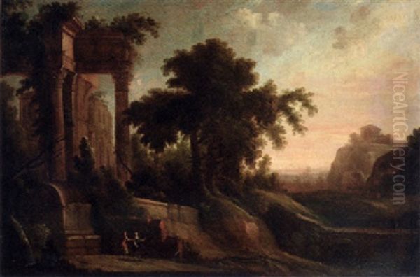 An Italianate Landscape With Figures By A Ruined Classical Tempel Oil Painting by Jacques d' Arthois