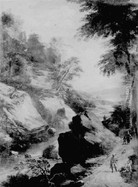 A Rocky River Landscape With Figures On A Path Oil Painting by Jacques d' Arthois