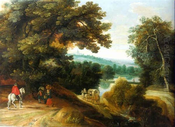 Peasants Returning From Market, An Elegant Traveller In A Wagon Beyond Oil Painting by Jacques d' Arthois