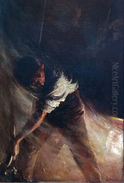 Man Shovelling Coal In Train (illus. For Simply By Edward Hungerford For July 1908 Issue Of Harper's Monthly) Oil Painting by Stanley Massey Arthurs