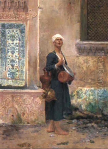 Arab In A Courtyard Oil Painting by Albert Emile Artigue