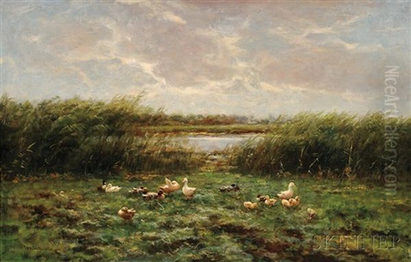 Ducks And Ducklings At The Water's Edge Oil Painting by David Adolph Constant Artz
