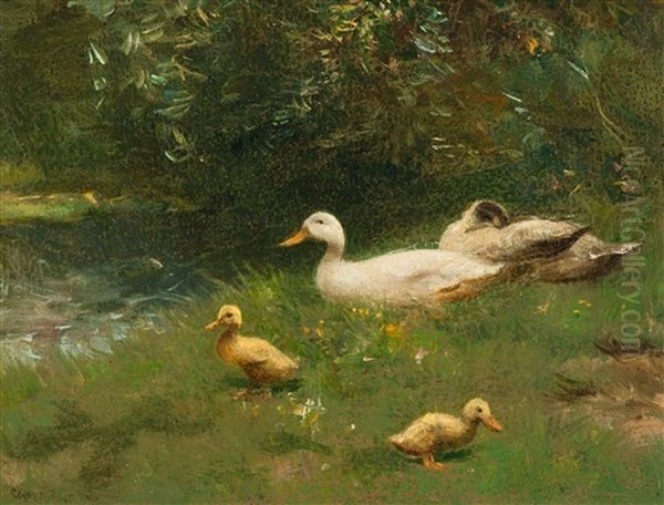 Family Of Ducks In The Grass Oil Painting by David Adolph Constant Artz