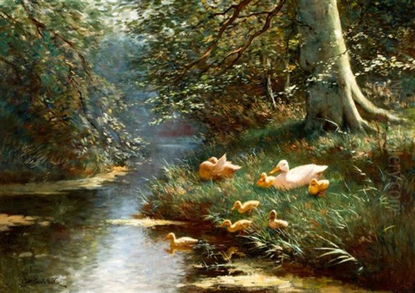 Eendenfamilie Aan De Waterkant Oil Painting by David Adolph Constant Artz