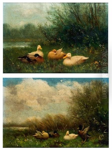 Eenden In Het Gras (2 Works) Oil Painting by David Adolph Constant Artz