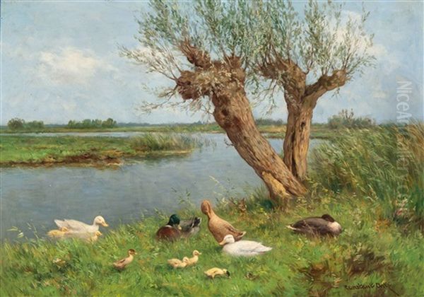 Family Of Ducks By Two Knotted Willows Near The Water's Edge Oil Painting by David Adolph Constant Artz