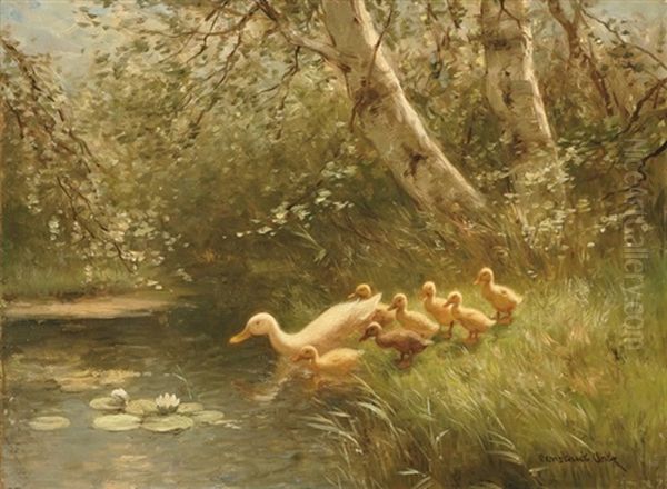 Mother Duck And Her Ducklings Oil Painting by David Adolph Constant Artz