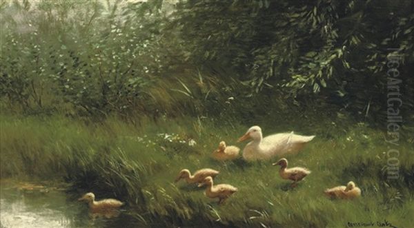 Mother Duck And Her Ducklings Near A Pond Oil Painting by David Adolph Constant Artz