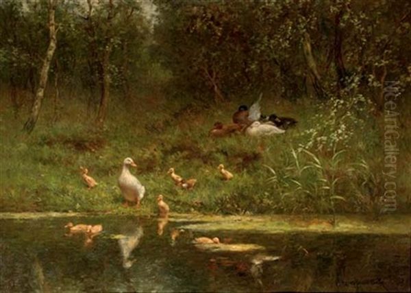 Ducks And Ducklings On A Riverbank Oil Painting by David Adolph Constant Artz