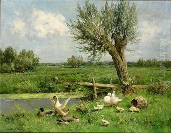 Ducks On The Riverbank Oil Painting by David Adolph Constant Artz