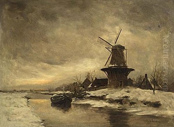 A View Of A Winter Landscape With Windmill Oil Painting by David Adolph Constant Artz
