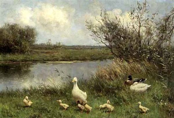 Duck With Ducklings Near The Waterside Oil Painting by David Adolph Constant Artz