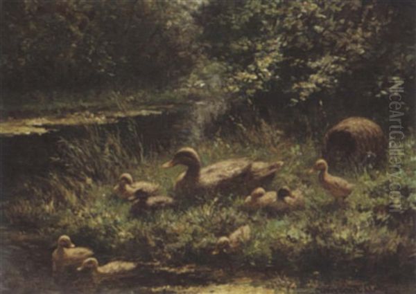 Duck With Ducklings Near The Waterside Oil Painting by David Adolph Constant Artz
