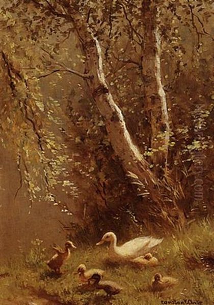A Duck With Her Ducklings Near Birch Trees Oil Painting by David Adolph Constant Artz