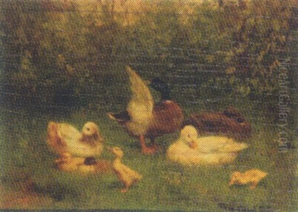 A Duck Family Oil Painting by David Adolph Constant Artz