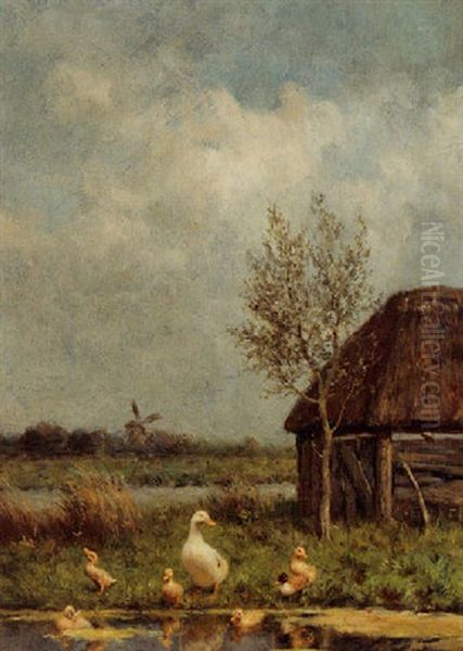 Duck With Her Ducklings Oil Painting by David Adolph Constant Artz