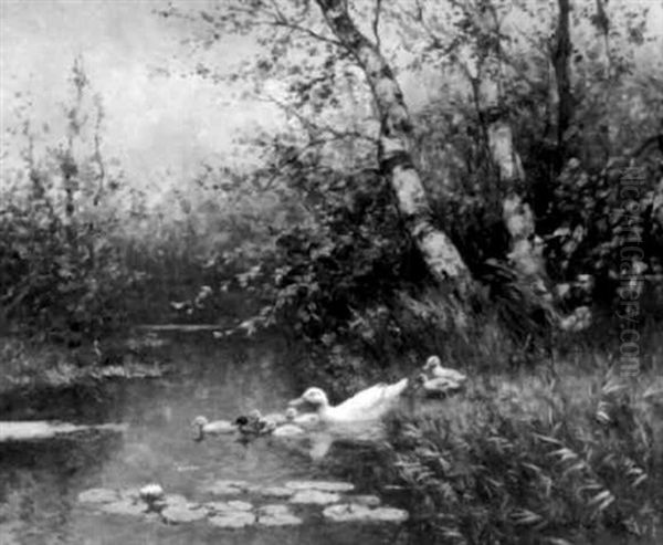 Eendenfamilie Aan De Slootkant Oil Painting by David Adolph Constant Artz