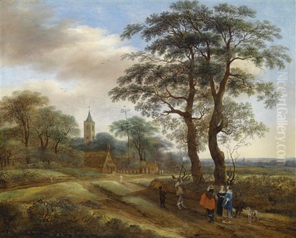 Eine Weite Landschaft Mit Einer Jagdgesellschaft, Im Hintergrund Ein Kirchturm Oil Painting by Pieter Jansz van Asch
