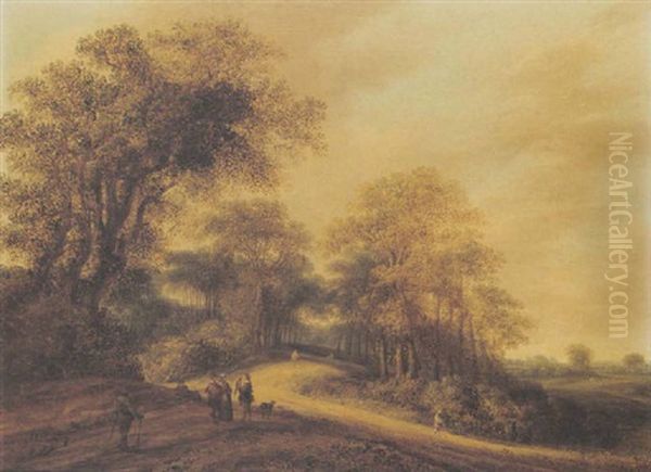 A Wooded Landscape With Travellers And A Falconnier On A Path Oil Painting by Pieter Jansz van Asch
