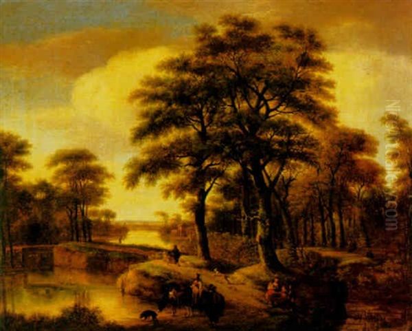 An Evening Landscape With A Family And Other Travellers Walking On A Country Path Beside A River, A Cottage Beyond Oil Painting by Pieter Jansz van Asch