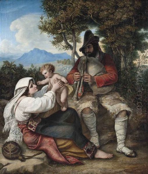 A Shepherd Playing A Tune To His Baby Oil Painting by Louis Asher