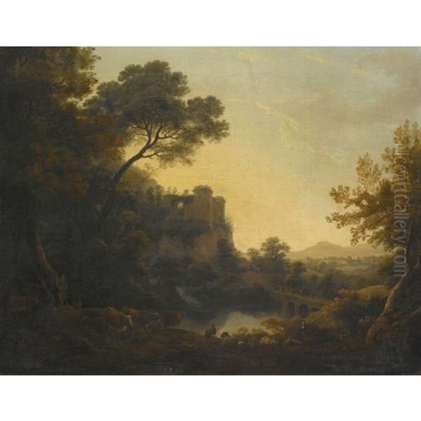 Wooded River Landscape With Peasants, Cattle, Goats And Sheep Before A Ruined Castle Oil Painting by William Ashford