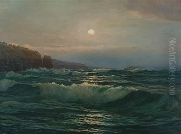 Untitled - Moonlit Seascape With Steam Ship Oil Painting by Julian Ashton