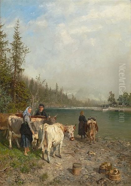 Ved Vadestedet Oil Painting by Anders Monsen Askevold