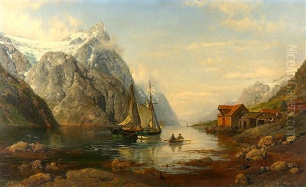Fjord View With Sailboat And Distant Steamer Oil Painting by Anders Monsen Askevold