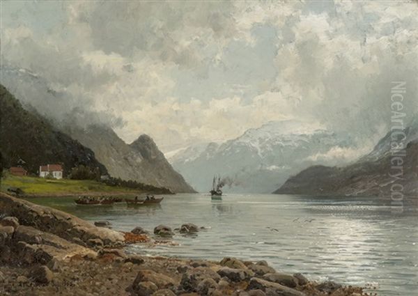 Fjordabaten Kommer, Sorfjorden Hardanger 1885 Oil Painting by Anders Monsen Askevold