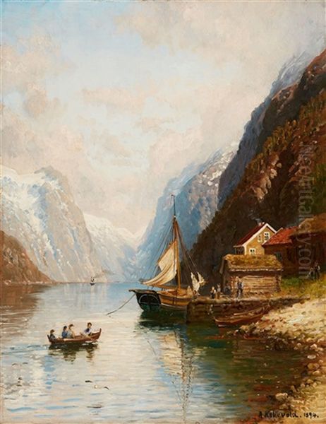 Crossing The Fjord Oil Painting by Anders Monsen Askevold