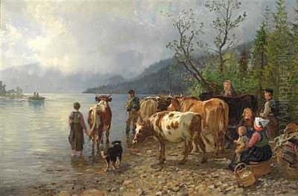 Familien Tar Kuene Til Vanningsstedet Oil Painting by Anders Monsen Askevold