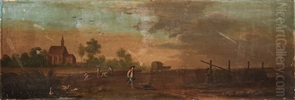 Overdoor With A Landscape With Harvest Workers Oil Painting by Johan Nils Asplind
