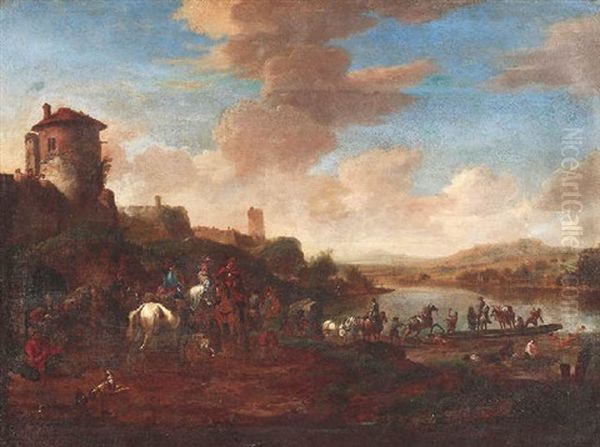 Reisende Beim Ubersetzen In Einem Flustal. Links Eine Festungsanlage Oil Painting by Jan Asselijn